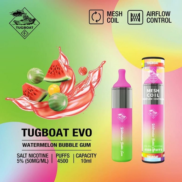 Tugboat EVO Vape - Watermelon Bubble Gum - 50mg/ml 4500 Puffs